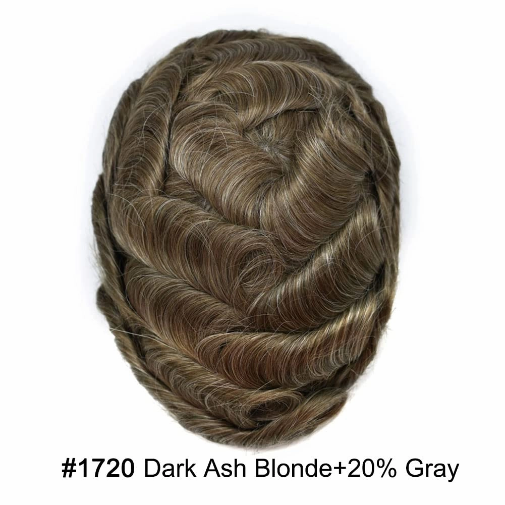 Hair Toupee Replacement System For Mens Toupee Virgin Real Human Hair Piece Ultra 0.06 Skin Men Hairpiece Toupee Protesis Capilar Para Hombre 8''X10'' #1720#17 Dark Ash Blonde 20% Grey