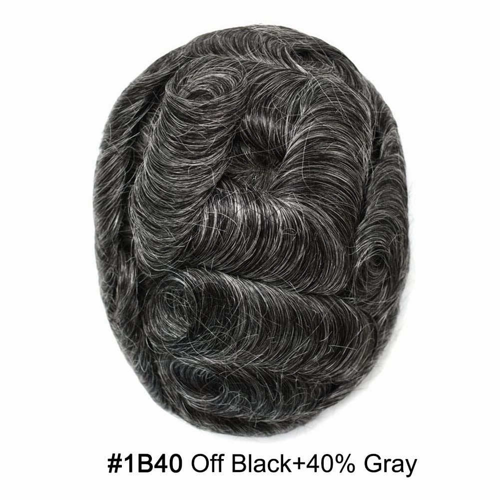 Hair Toupee Replacement System For Mens Toupee Virgin Real Human Hair Piece Ultra 0.06 Skin Men Hairpiece Toupee Protesis Capilar Para Hombre 8''X10'' #1B40#1B Off Black 40% Grey