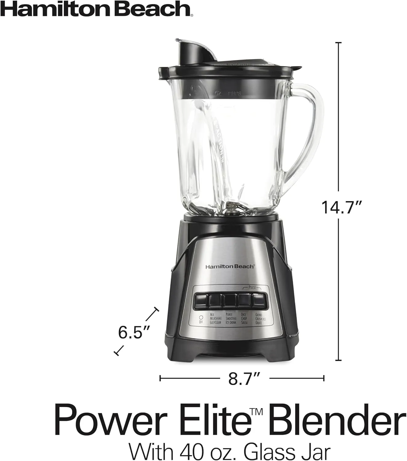 Hamilton Beach Power Elite Wave Action Blender For Smoothies, 40 Oz Glass Jar, 12 Functions Including Puree, Crush Ice, Black, 700 Watts, Black (58148A)
