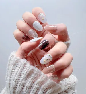 Handmade Press on Nails-Vividvibe Short Almond jump color star Warm Christmas Three-dimensional Embossed nail decoration, Re-usable and Eco-friendly/10 pcs,Autumn Embrace. (Warm Christmas, S)