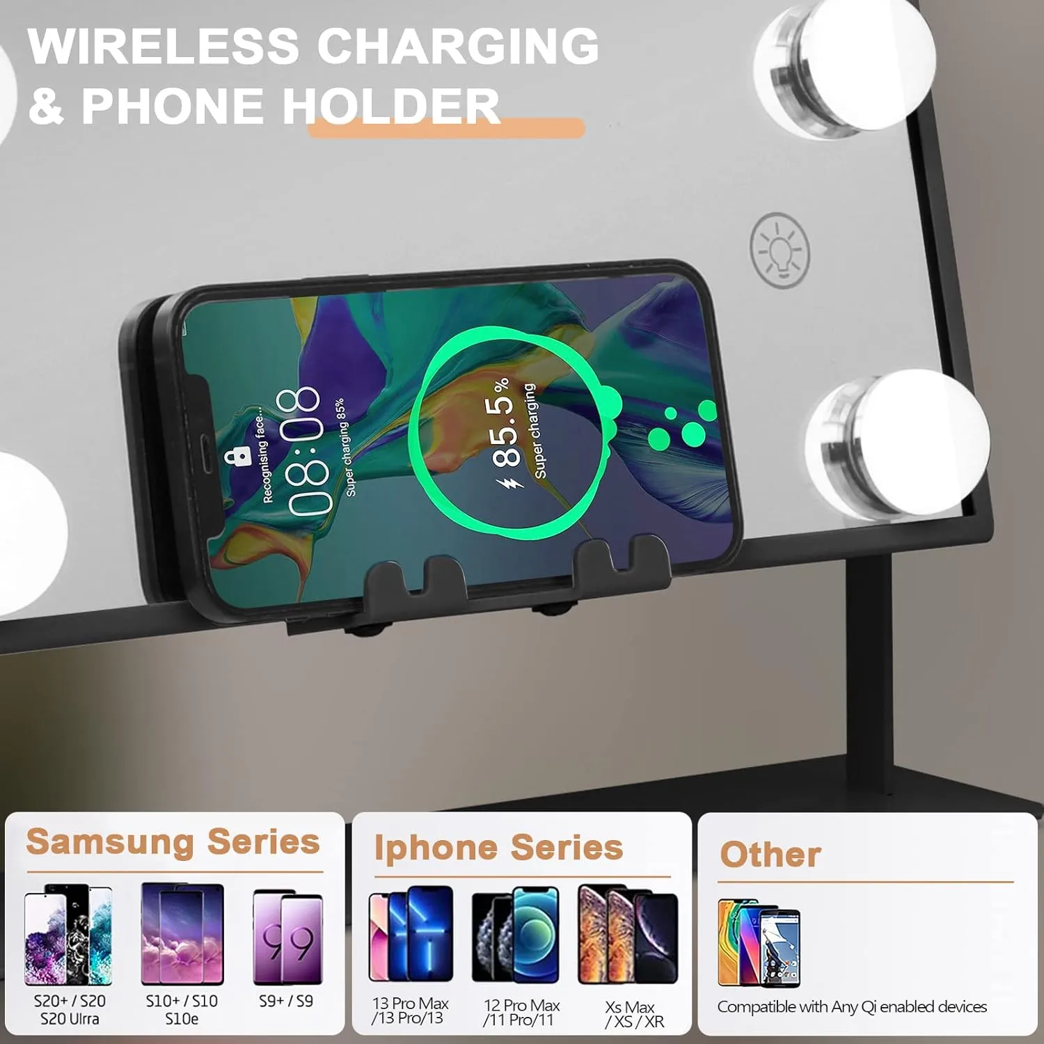 Hansong Vanity Mirror with Lights and Wireless Charging Hollywood Mirror with Lights and Phone Holder 12 LED Bulb Music Speaker Makeup Mirror with Lights 3 Color Lighting Modes Black