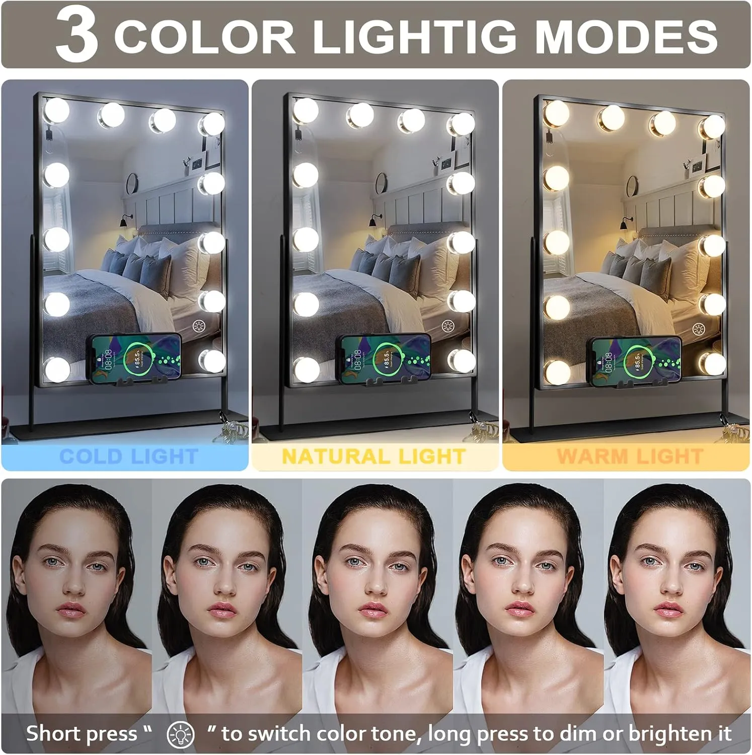 Hansong Vanity Mirror with Lights and Wireless Charging Hollywood Mirror with Lights and Phone Holder 12 LED Bulb Music Speaker Makeup Mirror with Lights 3 Color Lighting Modes Black