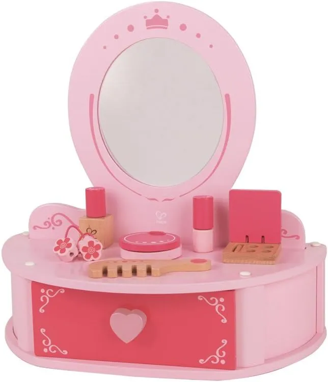 Hape Toys Petite Pink Vanity Toy Wooden Beauty Desk with Drawer, Mirror, and Pretend Makeup Kit, Hairbrush, Lipstick Roll, Compact, Perfume, and Puffs
