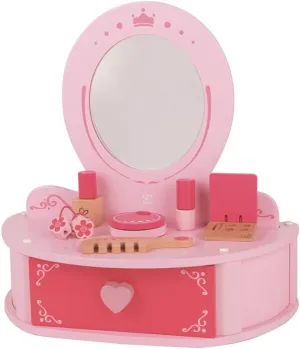 Hape Toys Petite Pink Vanity Toy Wooden Beauty Desk with Drawer, Mirror, and Pretend Makeup Kit, Hairbrush, Lipstick Roll, Compact, Perfume, and Puffs