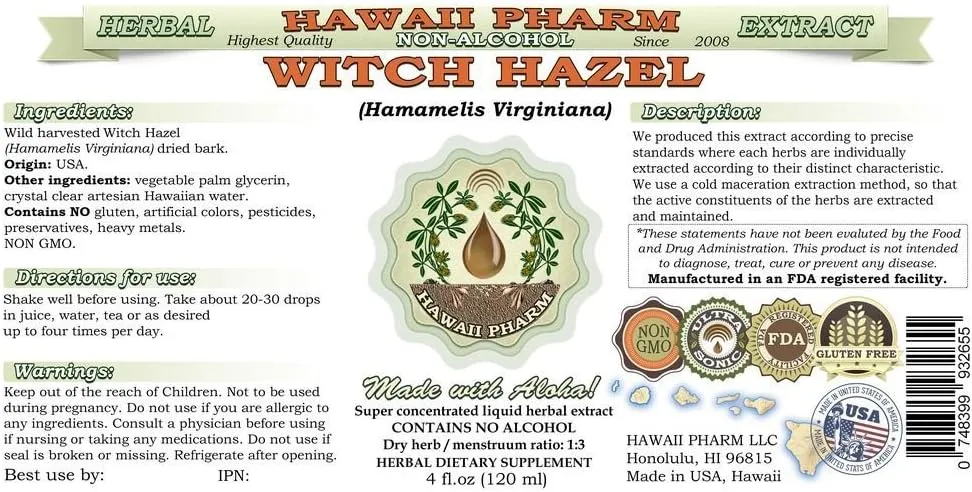 Hawaii Pharm Witch Hazel Alcohol-Free Liquid Extract, Witch Hazel (Hamamelis Virginiana) Bark Glycerite Natural Herbal Supplement, USA 4 fl.oz