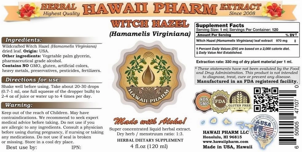 HawaiiPharm Witch Hazel Liquid Extract, Witch Hazel (Hamamelis Virginiana) Tincture, Herbal Supplement, Made in USA, 2 fl.oz