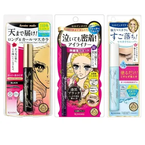 HEROINE MAKE by KISSME Trio Set, 3 Full-Size, Waterproof Lengthening & Volume FiberTubing Black Mascara   Smooth Liquid Black Eyeliner, Smudge-free   Gentle Eye Makeup Remover for Waterproof Mascara