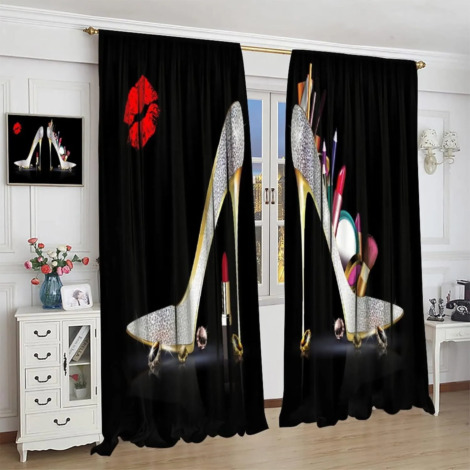 High Heels Window Curtains, Sexy Lips Silver Ladies Fashion Shoes Lipstick Red Lips Feminine Room Darkening Rod Pocket Windows Door Curtain for Bedroom Living Room Home Decor 63x72in