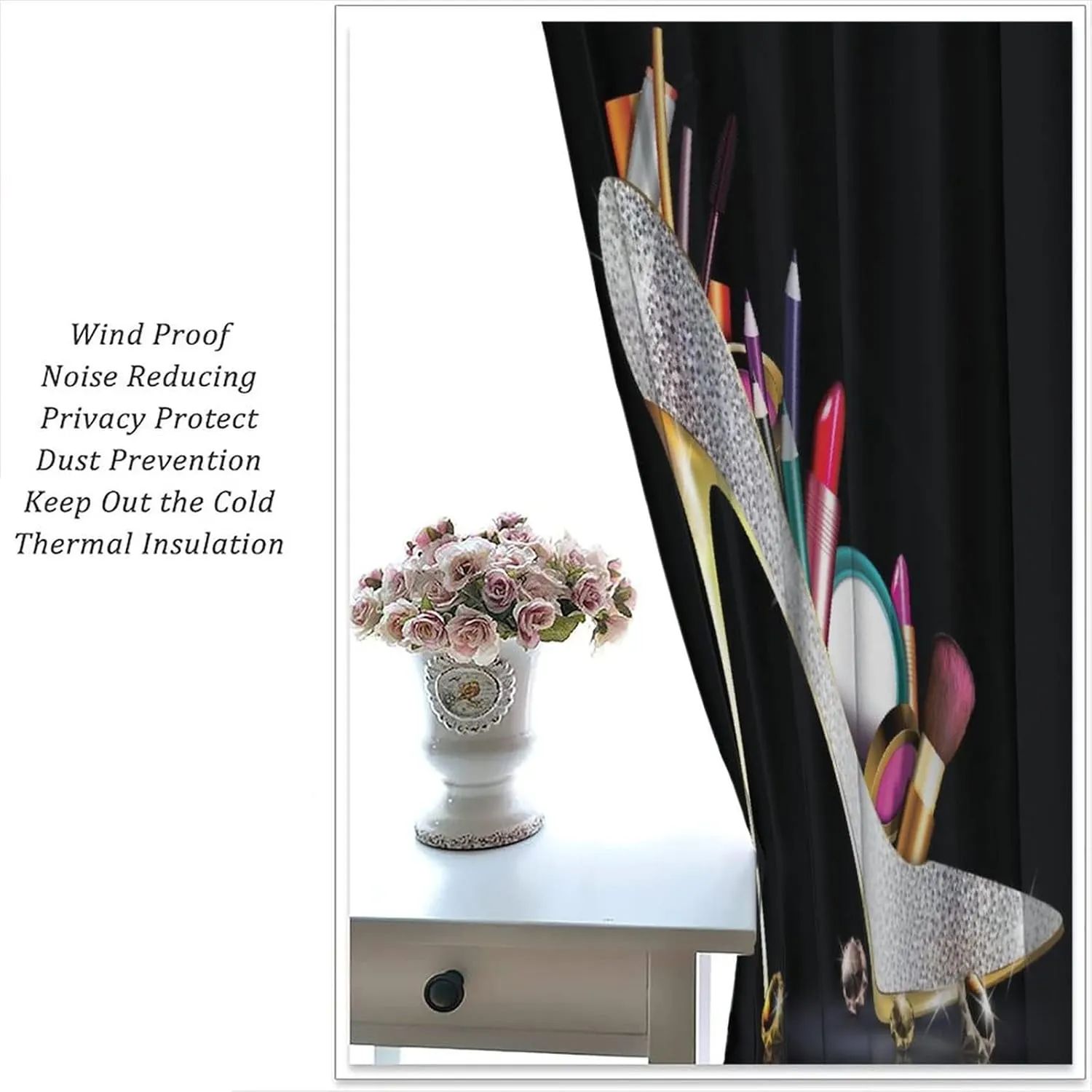 High Heels Window Curtains, Sexy Lips Silver Ladies Fashion Shoes Lipstick Red Lips Feminine Room Darkening Rod Pocket Windows Door Curtain for Bedroom Living Room Home Decor 63x72in