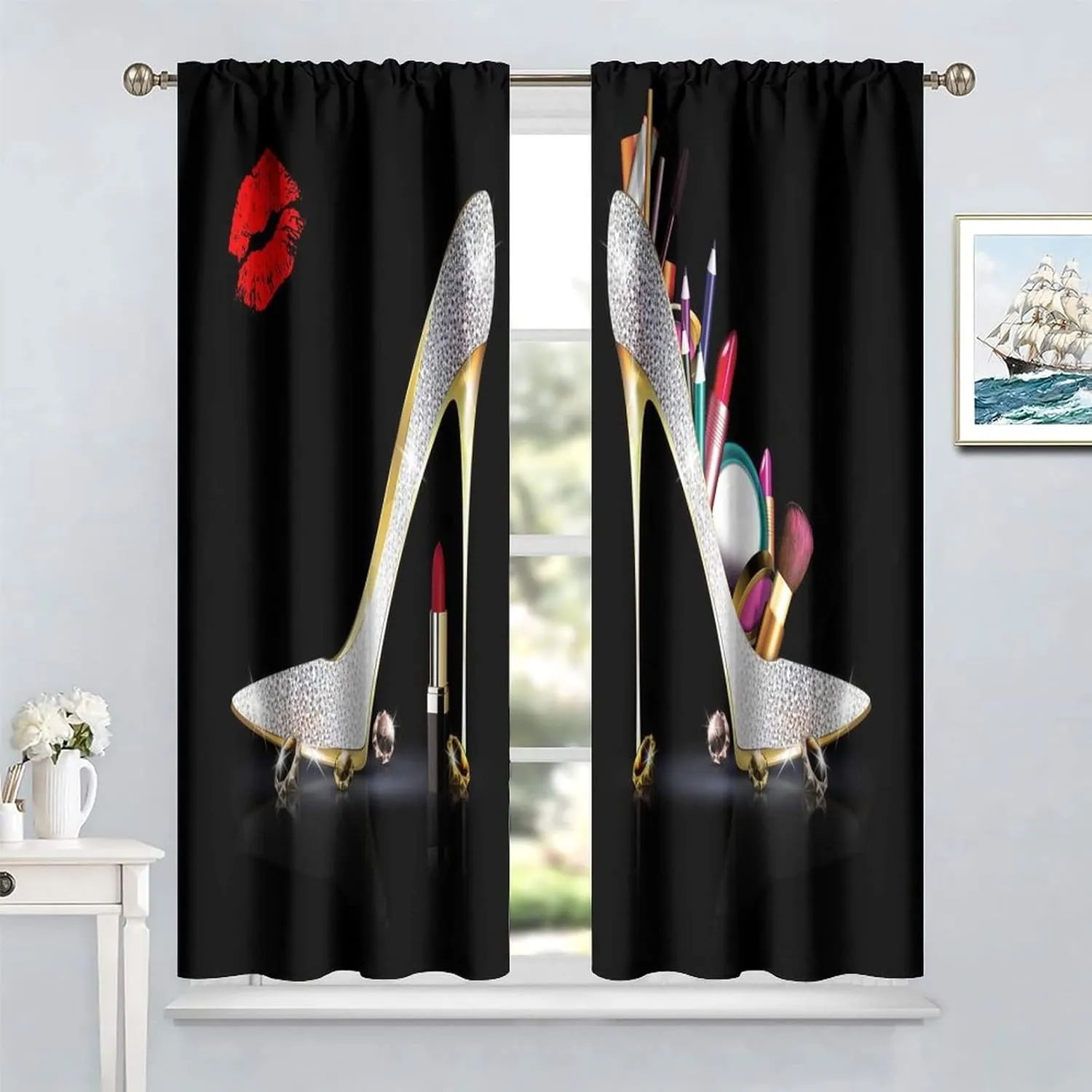 High Heels Window Curtains, Sexy Lips Silver Ladies Fashion Shoes Lipstick Red Lips Feminine Room Darkening Rod Pocket Windows Door Curtain for Bedroom Living Room Home Decor 63x72in