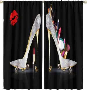 High Heels Window Curtains, Sexy Lips Silver Ladies Fashion Shoes Lipstick Red Lips Feminine Room Darkening Rod Pocket Windows Door Curtain for Bedroom Living Room Home Decor 63x72in