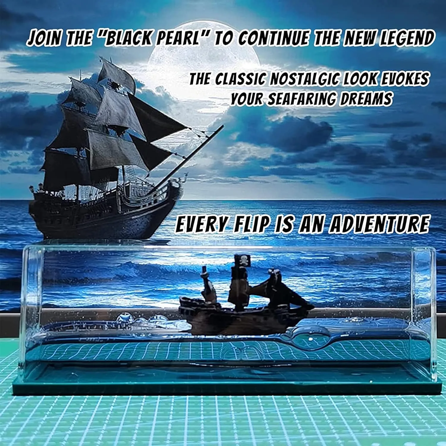 Honsheng Unsinkable Black Pearl Pirate Simulator Toy Wavey Boat in a Box Liquid Wave Cruise Fluid Ship Decoration Ornament for Car Decoration Paperweight Desk Toy Gifts