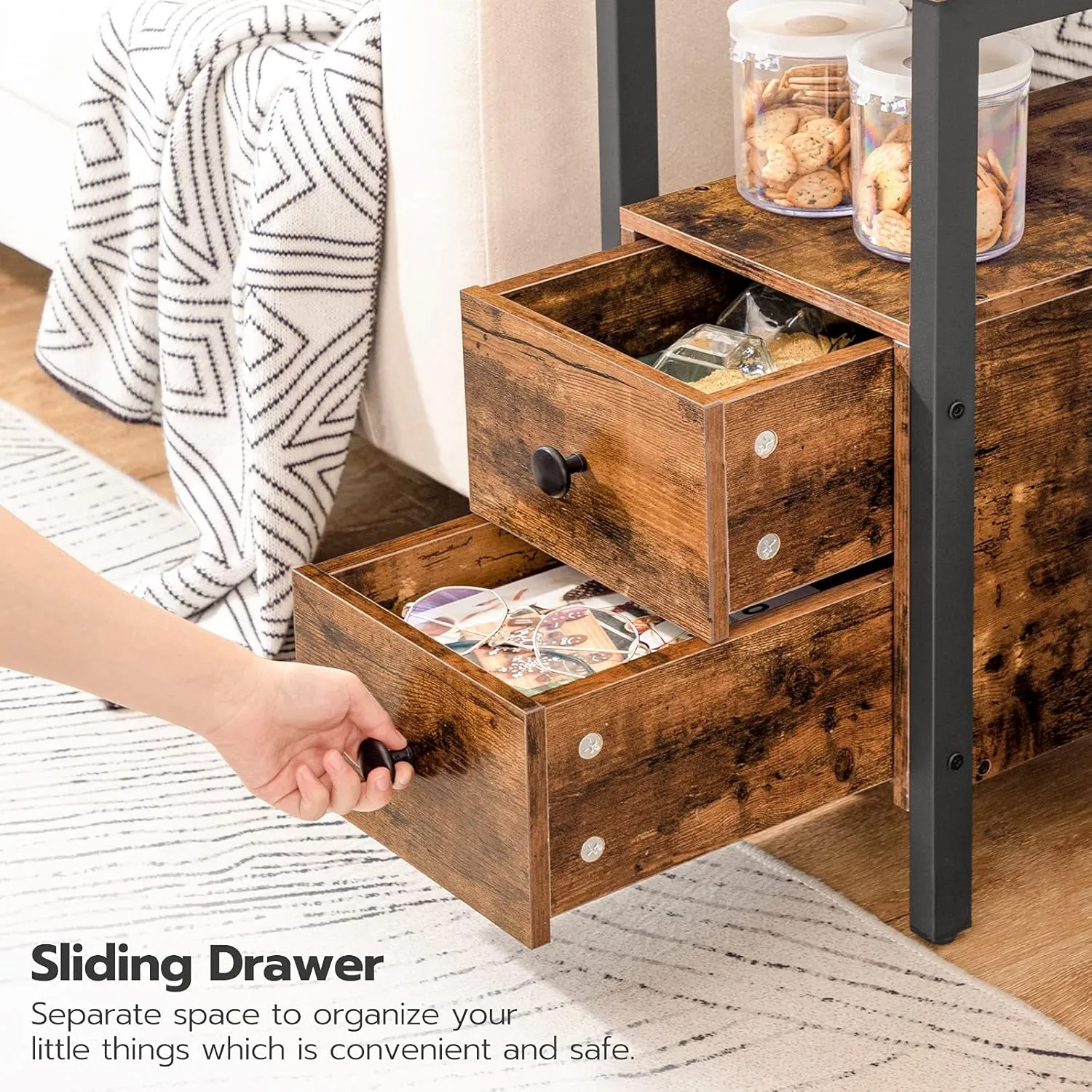 HOOBRO End Table with Charging Station, Narrow Side Table with 2 Drawer & USB Ports & Power Outlets, Nightstand for Small Spaces, for Living Room, Bedroom, Rustic Brown and Black BF541BZ01
