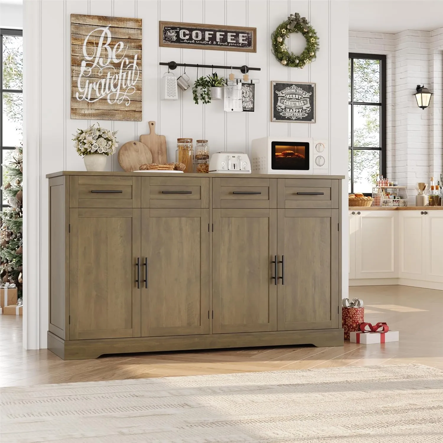 HOSTACK 60" Large Buffet Sideboard with Storage, 36" Tall Kitchen Buffet Storage Cabinet with 4 Drawer, Modern Coffee Bar Cabinet with Black Handle, Long Sideboard Table for Living Room, Rustic Brown