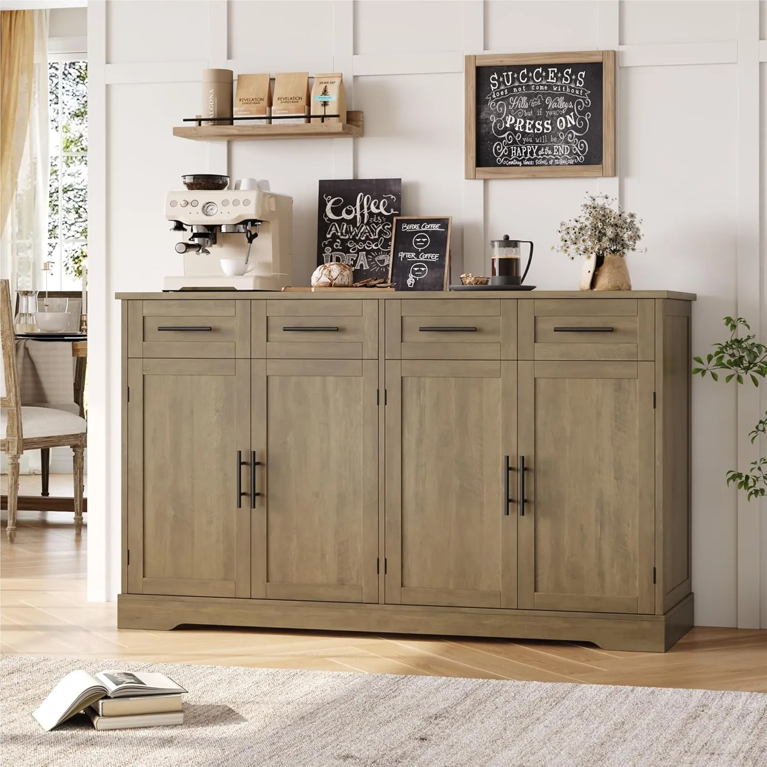 HOSTACK 60" Large Buffet Sideboard with Storage, 36" Tall Kitchen Buffet Storage Cabinet with 4 Drawer, Modern Coffee Bar Cabinet with Black Handle, Long Sideboard Table for Living Room, Rustic Brown