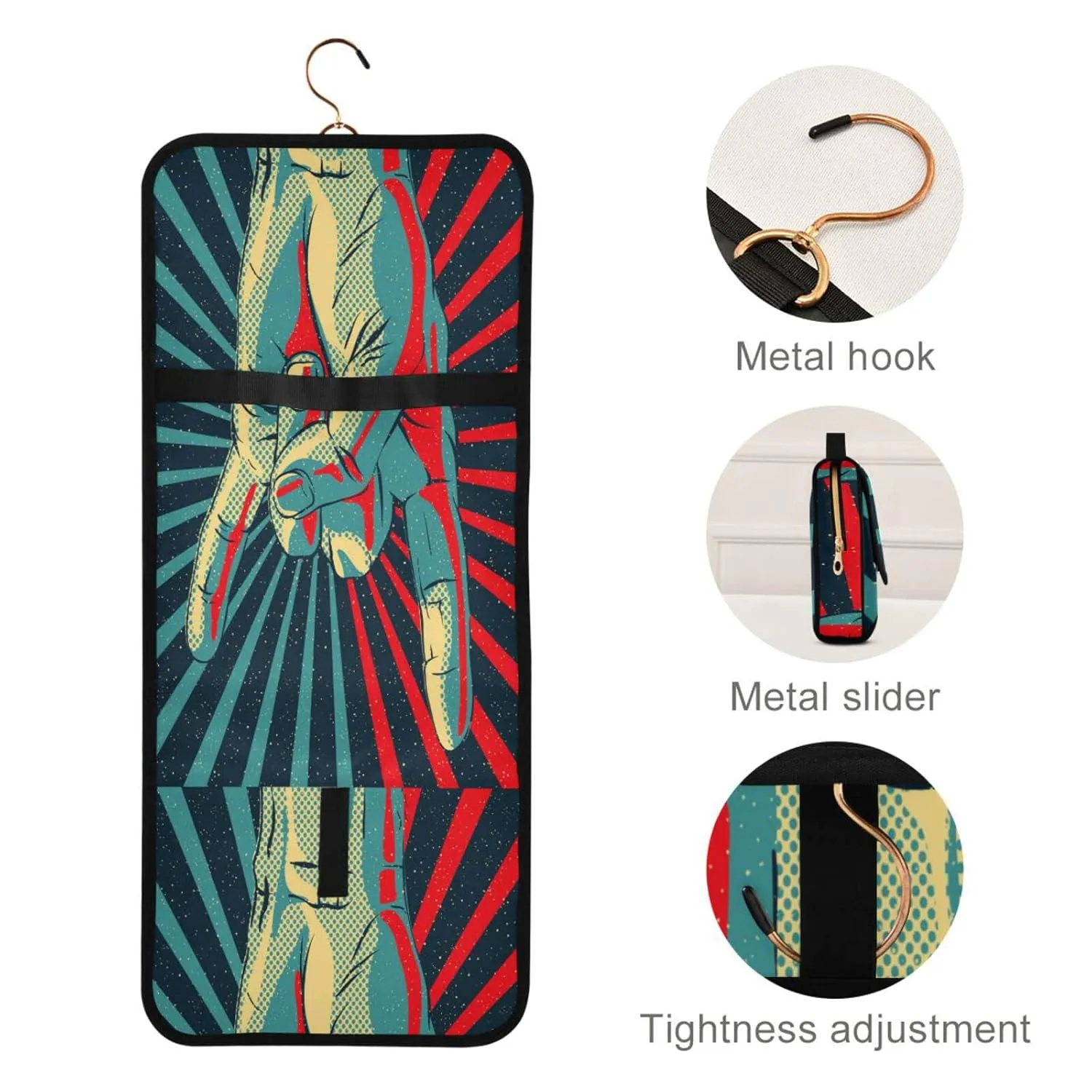 Human Hand Rock and Roll Sign on Red Black Sunshine Lights 1 PC Hanging Toiletry Wash bag Portable Makeup Organizer Brush Storage Case Portable Travel Cosmetic with Hook