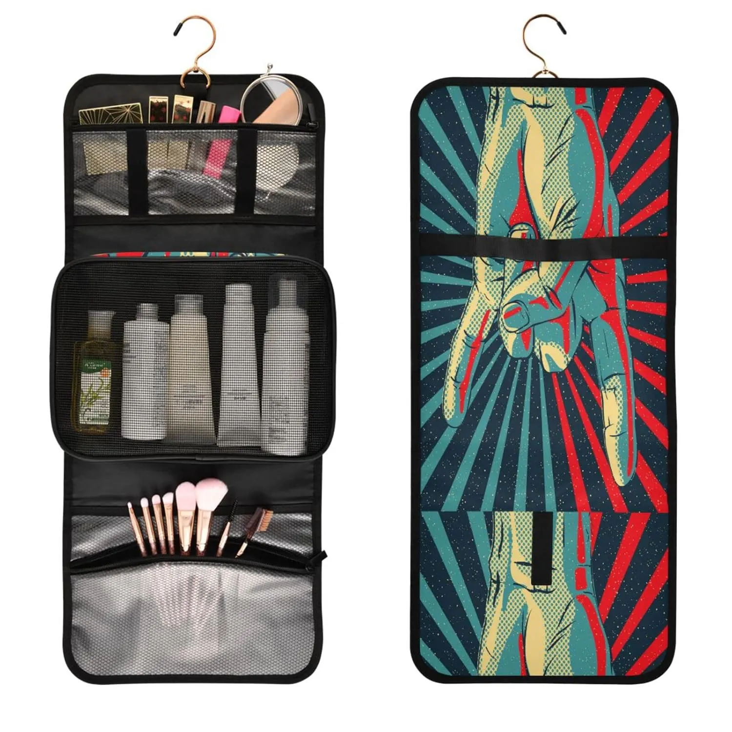 Human Hand Rock and Roll Sign on Red Black Sunshine Lights 1 PC Hanging Toiletry Wash bag Portable Makeup Organizer Brush Storage Case Portable Travel Cosmetic with Hook
