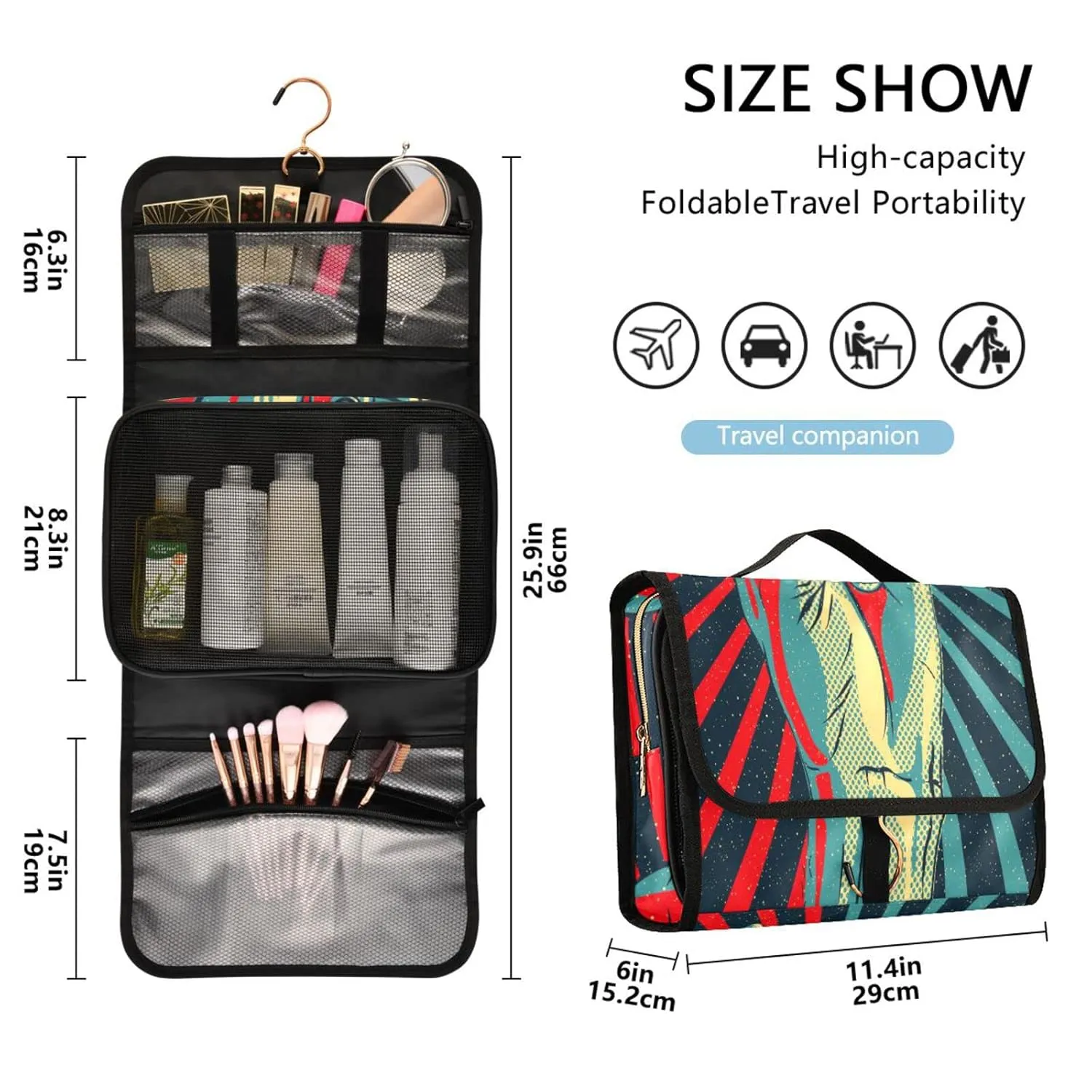 Human Hand Rock and Roll Sign on Red Black Sunshine Lights 1 PC Hanging Toiletry Wash bag Portable Makeup Organizer Brush Storage Case Portable Travel Cosmetic with Hook