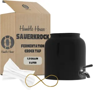 Humble House SAUERKROCK TAP Kombucha Crock with Stainless Steel Spigot and Cotton Cloth Cover - 5 Liter (1.3 Gallon) Ceramic Water Dispenser Jar in Classic Black for Continuous Brewing
