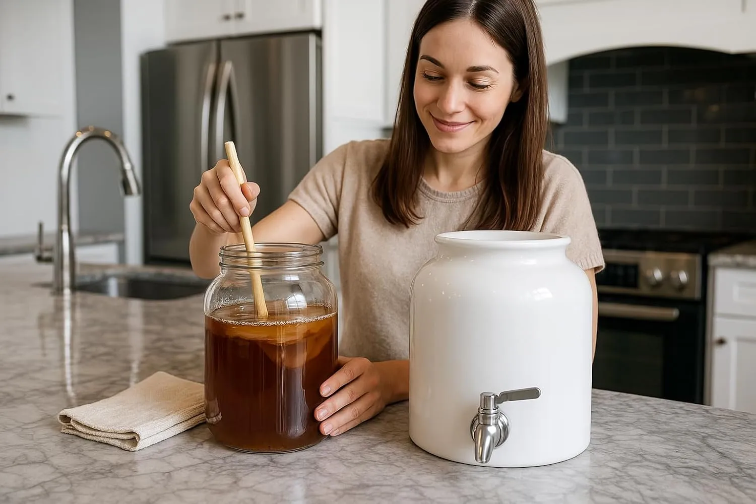 Humble House SAUERKROCK TAP Kombucha Crock with Stainless Steel Spigot and Cotton Cloth Cover - 5 Liter (1.3 Gallon) Ceramic Water Dispenser Jar in Classic Black for Continuous Brewing