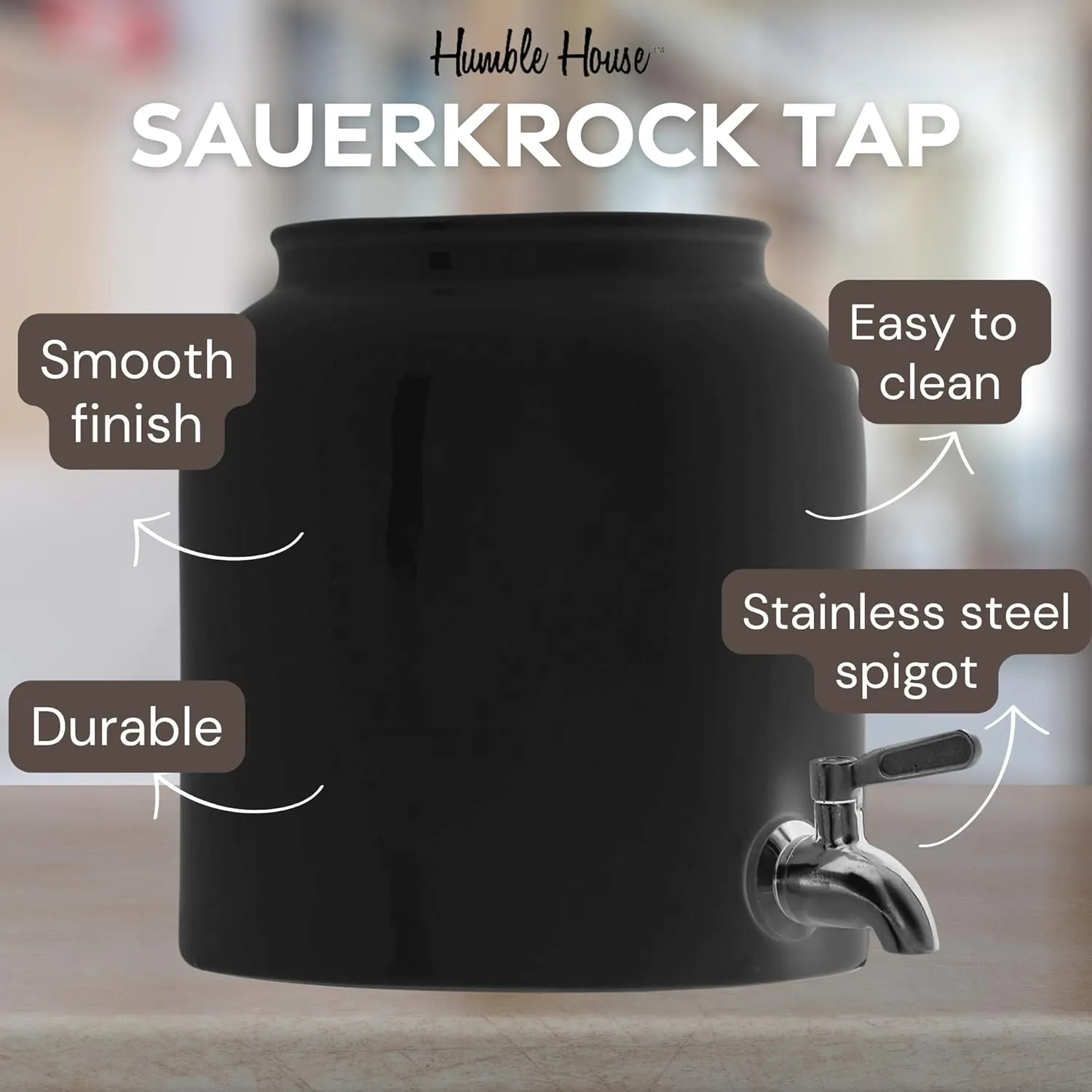 Humble House SAUERKROCK TAP Kombucha Crock with Stainless Steel Spigot and Cotton Cloth Cover - 5 Liter (1.3 Gallon) Ceramic Water Dispenser Jar in Classic Black for Continuous Brewing