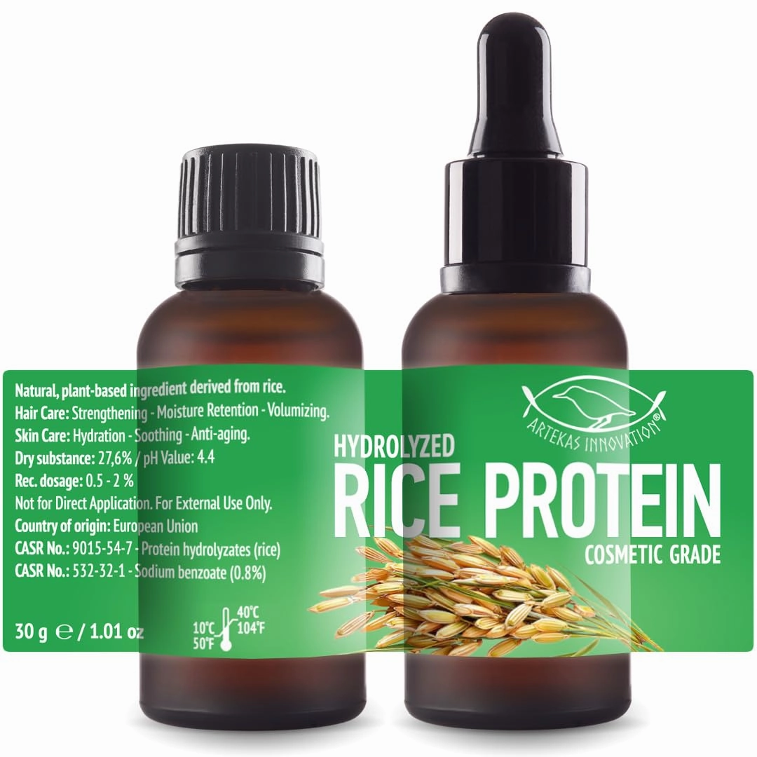 HYDROLYZED RICE PROTEIN - Liquid, 2 Ounces - For Homemade Hair Care, Skin Care, Body Washes, Shampoos, and Conditioners - 2 Vials (1 Ounce Each) - Includes Pipette and Screw Caps