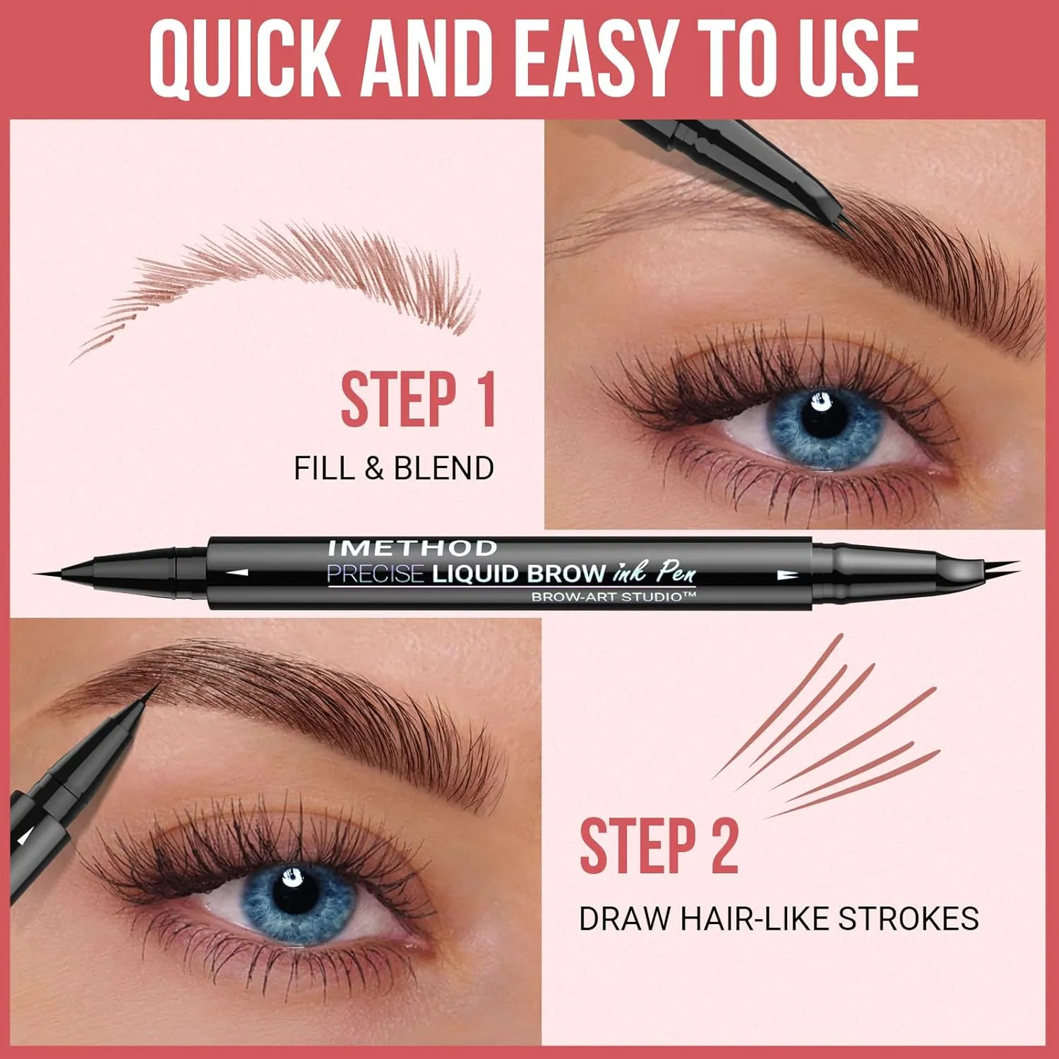 iMethod Curved Eyebrow Pen - Eyebrow Pencil, Brow Pencil 2-in-1 Dual-Ended Microblading Eyebrow Pen with Micro-Fork-Tip and Precise Brush-Tip Create Natural Hair-Like Brows, Last All-Day, Brown