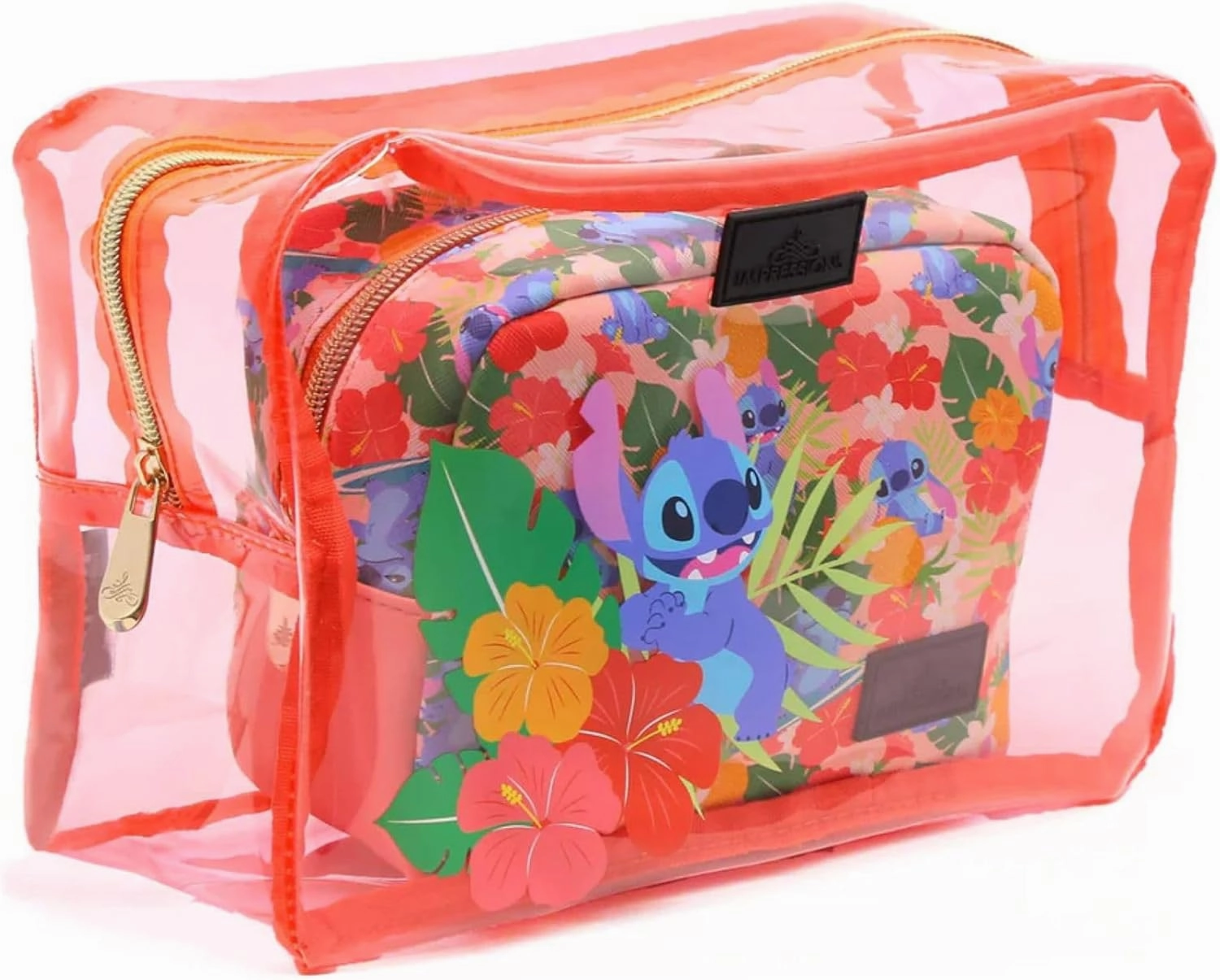 Impressions Vanity 2 PCs Disney Stitch Clutch Set for Makeup Accessories, Water Resistant Zippered Travel Cosmetic Bag Organizer for Makeup Brush, Lipstick, Skincare, and Toiletries (Coral)