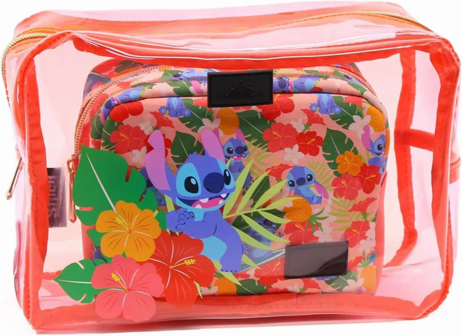 Impressions Vanity 2 PCs Disney Stitch Clutch Set for Makeup Accessories, Water Resistant Zippered Travel Cosmetic Bag Organizer for Makeup Brush, Lipstick, Skincare, and Toiletries (Coral)