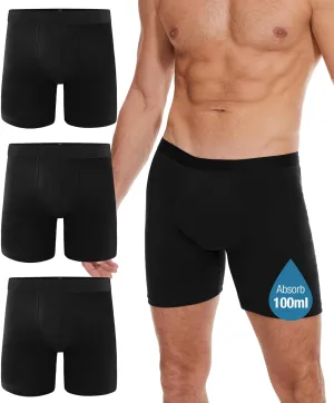 Incontinence Underwear Long Leg For Men, 100ML Absorbent Cotton Washable Leak-Proof Reusable Boxer Brief 3 Pack (Black, XX-Large)