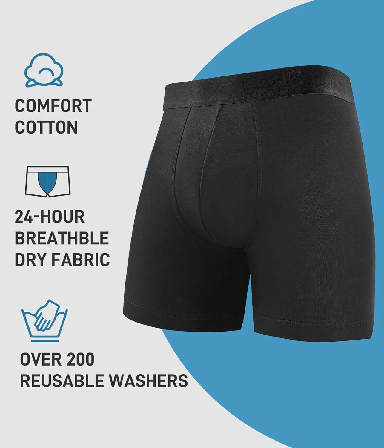 Incontinence Underwear Long Leg For Men, 100ML Absorbent Cotton Washable Leak-Proof Reusable Boxer Brief 3 Pack (Black, XX-Large)
