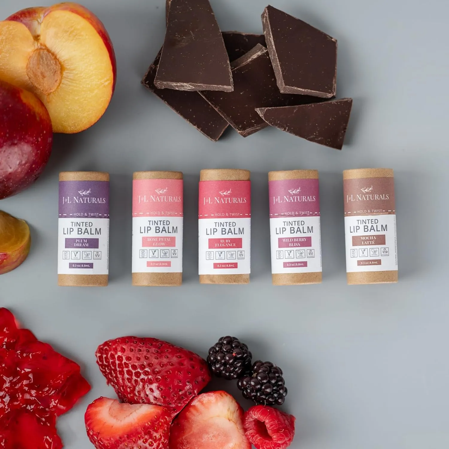 J&L Naturals Tinted Lip Balm | Vegan & Cruelty Free Lip Stain | Zero Waste Makeup | Plastic-Free, Hydrating & Moisturizing Lip Tint | Made in US (Bundle (5-Pack), Variety (1 x Each Color))