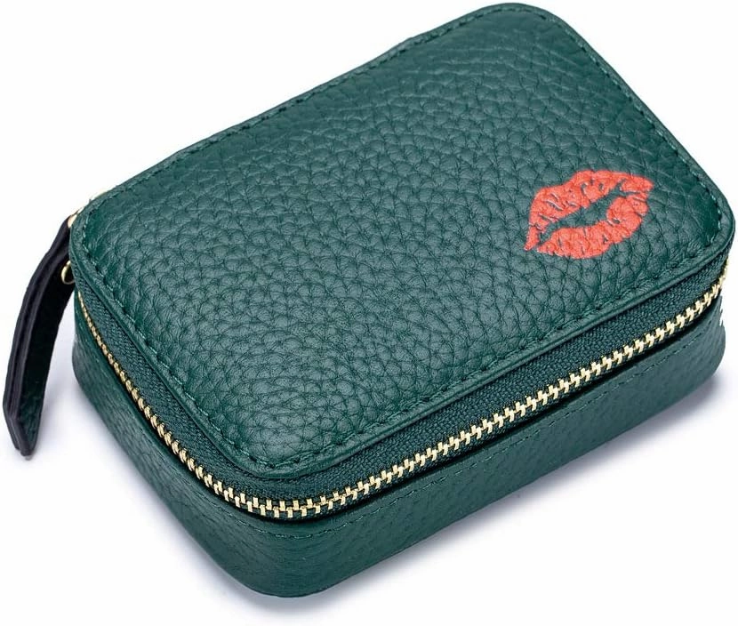 JIUFENG Lipsticks Case with Built-In Mirror Mini Cosmetic Bag Zipper Makeup Organizer Coin Pouch (Dark Green)