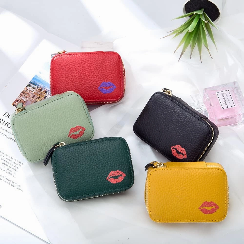 JIUFENG Lipsticks Case with Built-In Mirror Mini Cosmetic Bag Zipper Makeup Organizer Coin Pouch (Dark Green)