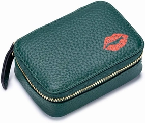 JIUFENG Lipsticks Case with Built-In Mirror Mini Cosmetic Bag Zipper Makeup Organizer Coin Pouch (Dark Green)