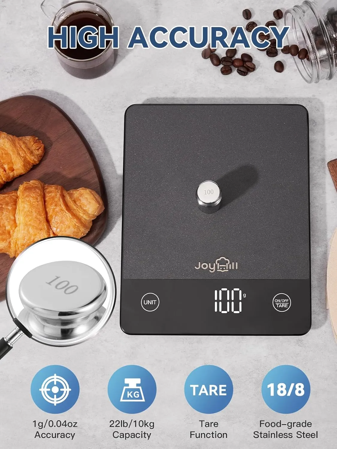 JOYHILL Food Scale, 22lb Digital Kitchen Scale Food Ounces and Grams for Weight Loss, Baking and Cooking, Premium Stainless Steel with LED Display, Batteries Included, Black