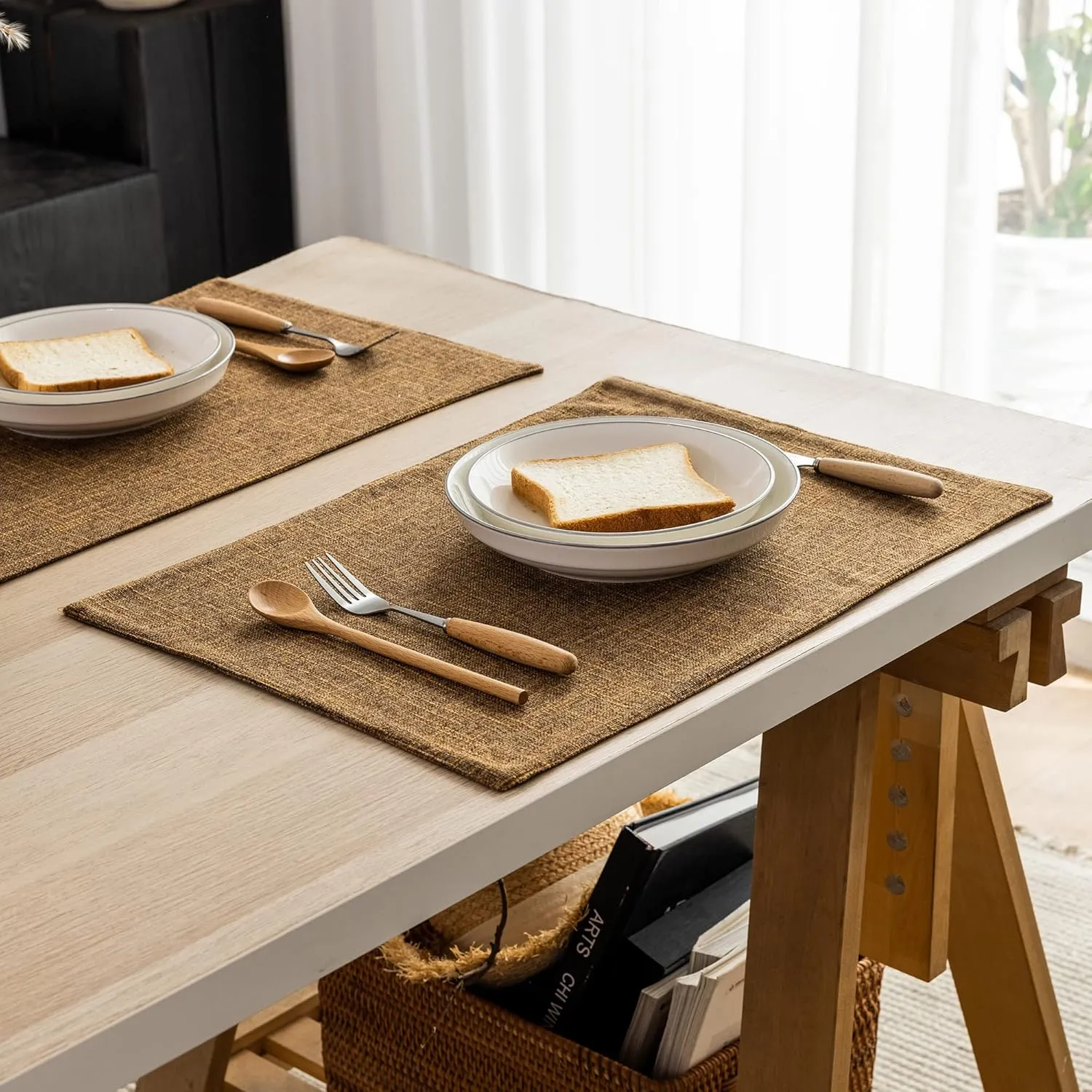 Kevin Textile Faux Linen Heat Resistant Placemats for Dining Table Set of 4, Easy to Clean Anti-Slip Place Mats, 13" x 19", Hazel Brown