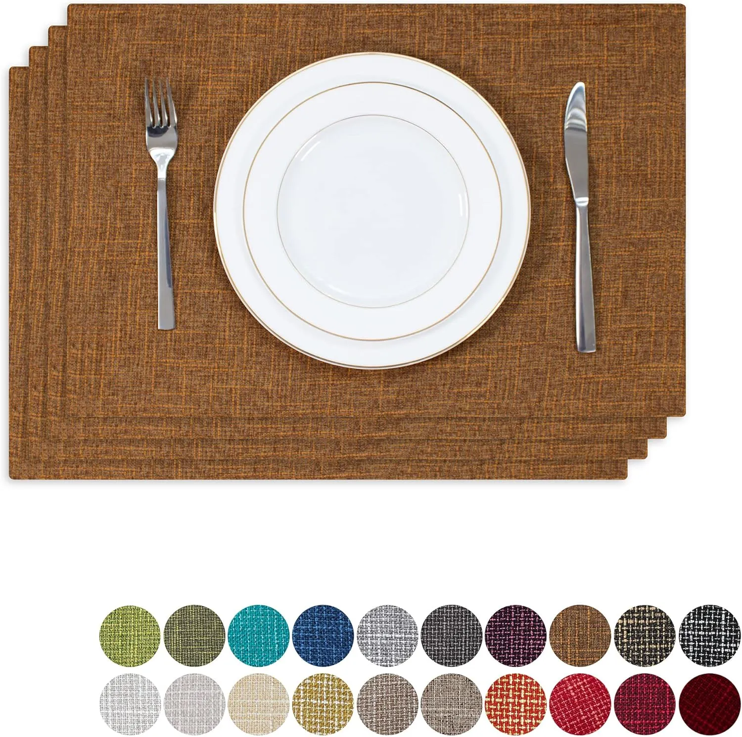 Kevin Textile Faux Linen Heat Resistant Placemats for Dining Table Set of 4, Easy to Clean Anti-Slip Place Mats, 13" x 19", Hazel Brown
