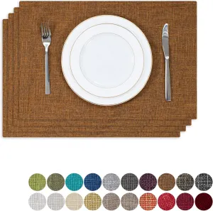Kevin Textile Faux Linen Heat Resistant Placemats for Dining Table Set of 4, Easy to Clean Anti-Slip Place Mats, 13" x 19", Hazel Brown