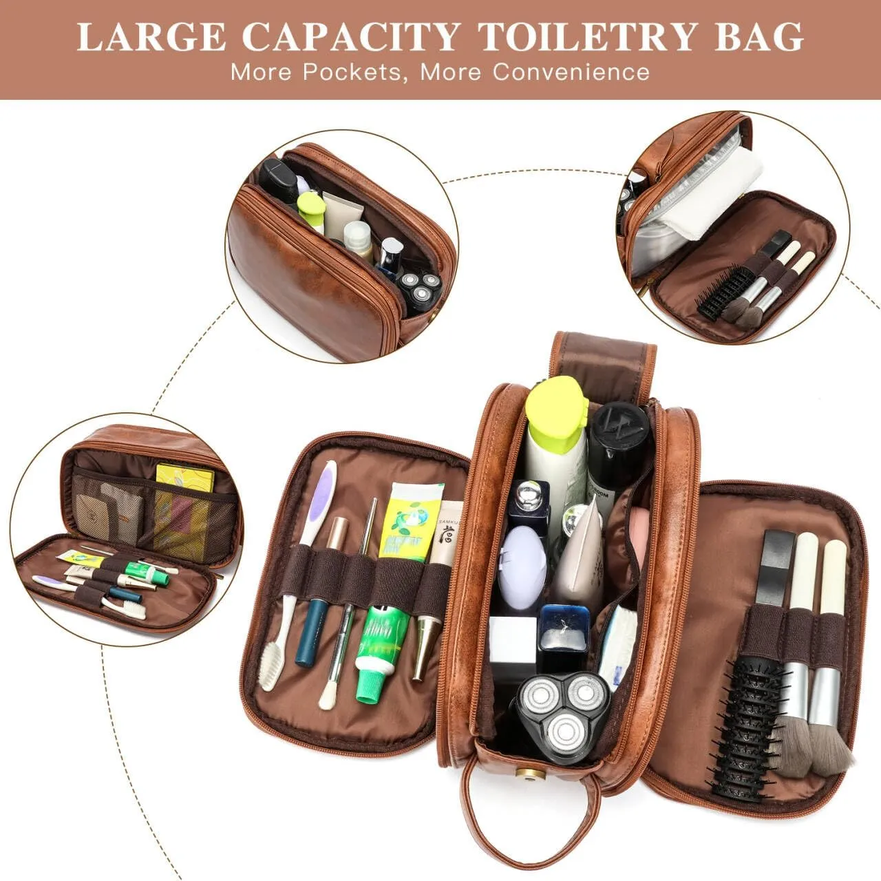 Laripwit Travel Toiletry Bag for Men 2-piece Set PU Leather Shaving Dopp Kit Water-resistant Cosmetic Toiletries Organizer Pouch Bathroom Hygiene Case Gift for Mens Brown