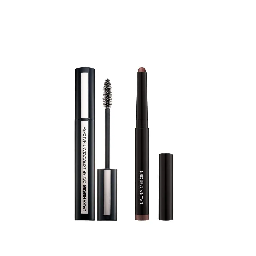 Laura Mercier Caviar Stick Cream Eyeshadow: Shimmer Finish, 24HR Wear, Long Lasting, Rich Color, Easily Blendable and Buildable, Waterproof, Burnished Bronze   Caviar Extravagant Mascara Bundle
