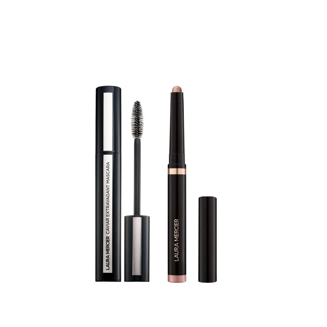 Laura Mercier Caviar Stick Cream Eyeshadow: Shimmer Finish, 24HR Wear, Long Lasting, Rich Color, Easily Blendable and Buildable, Waterproof, Wild Rose   Caviar Extravagant Mascara Bundle