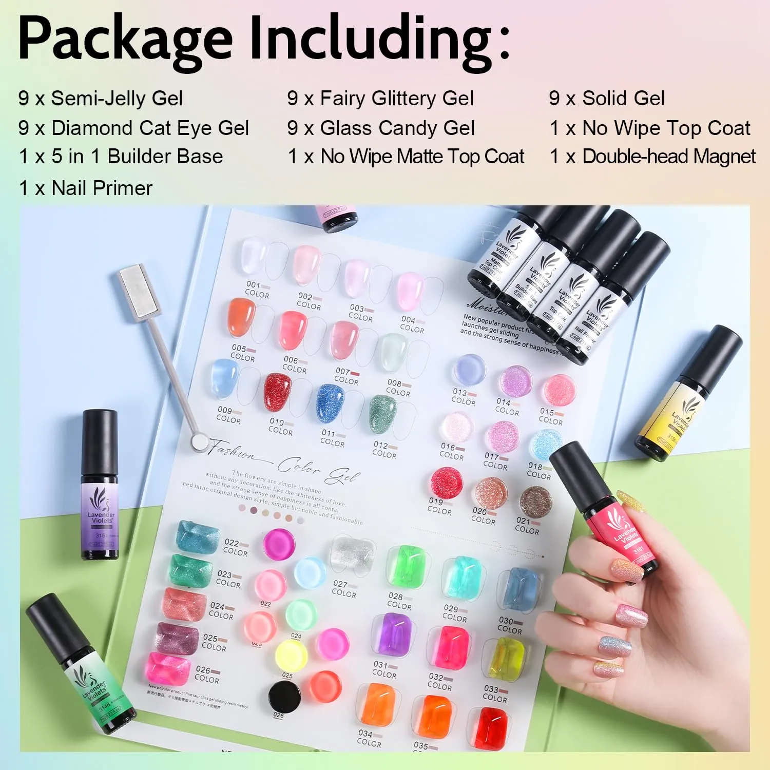 Lavender Violets 49 PCS Gel Nail Polish Set, 45 Colors Cat Eye Reflective Glitter Gel Polish with Nail Primer, Base Coat, Glossy & Matte Top Coat Jelly Nude Red Brown Gifts for Women
