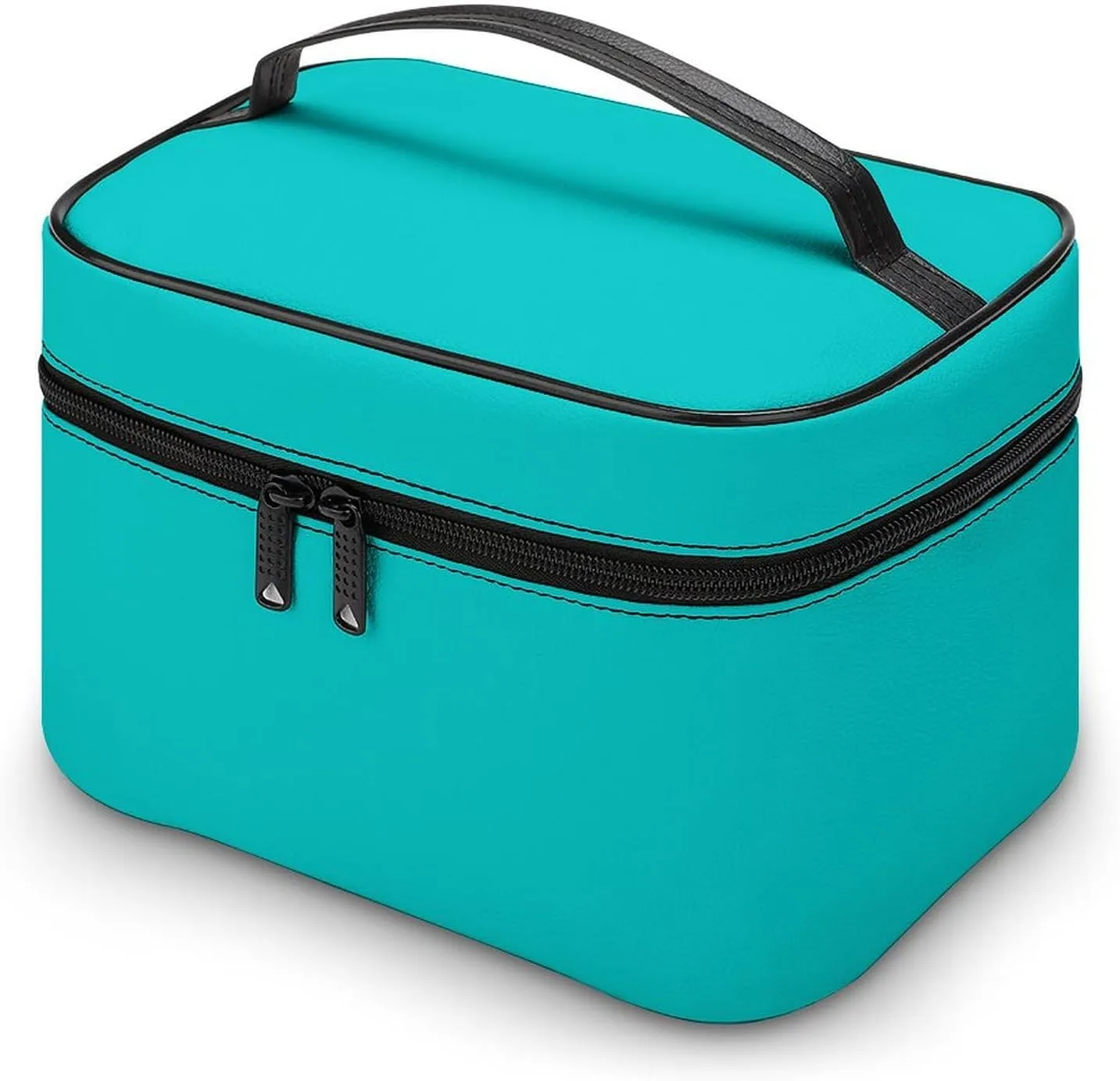 Leather Cosmetic Case, Blue Solid Color Classic Elegant Portable Makeup Bag Organizer Large Capacity Travel Toiletry Bag with Zipper