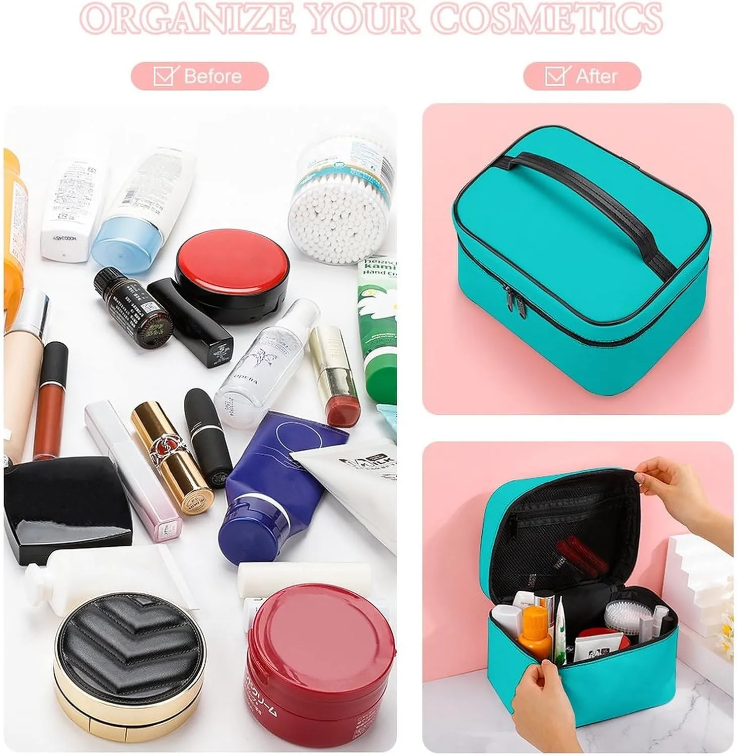 Leather Cosmetic Case, Blue Solid Color Classic Elegant Portable Makeup Bag Organizer Large Capacity Travel Toiletry Bag with Zipper