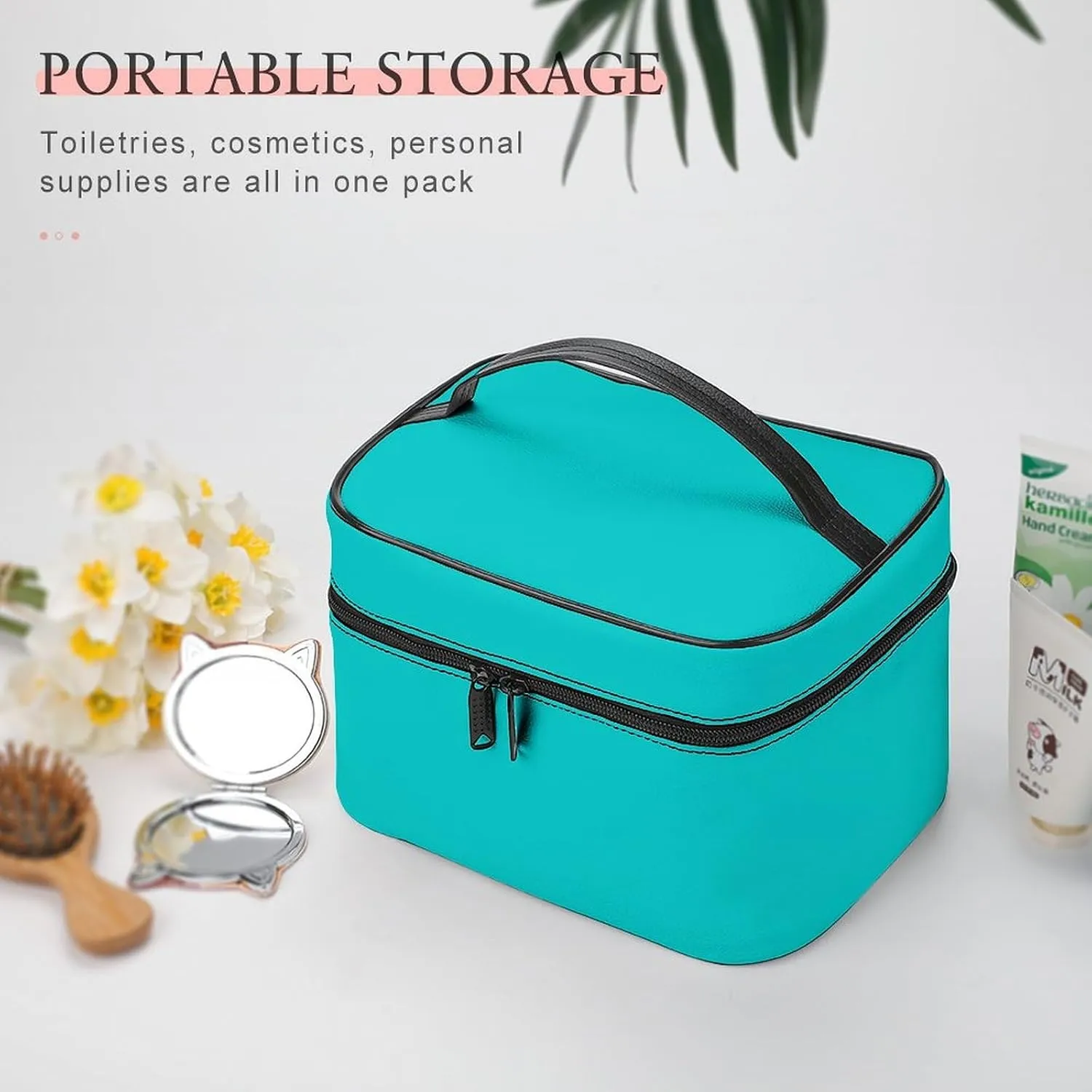 Leather Cosmetic Case, Blue Solid Color Classic Elegant Portable Makeup Bag Organizer Large Capacity Travel Toiletry Bag with Zipper
