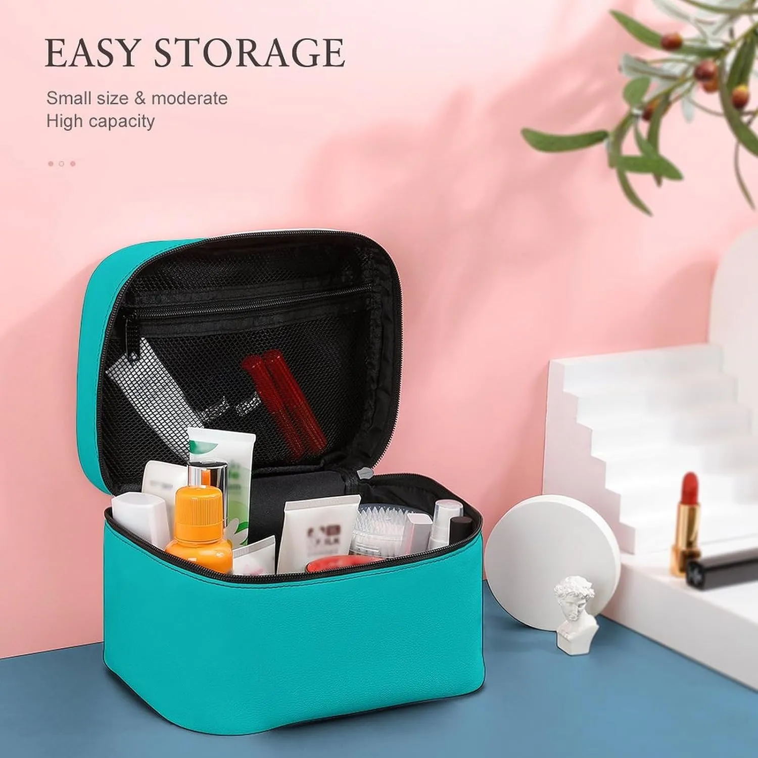 Leather Cosmetic Case, Blue Solid Color Classic Elegant Portable Makeup Bag Organizer Large Capacity Travel Toiletry Bag with Zipper