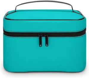 Leather Cosmetic Case, Blue Solid Color Classic Elegant Portable Makeup Bag Organizer Large Capacity Travel Toiletry Bag with Zipper