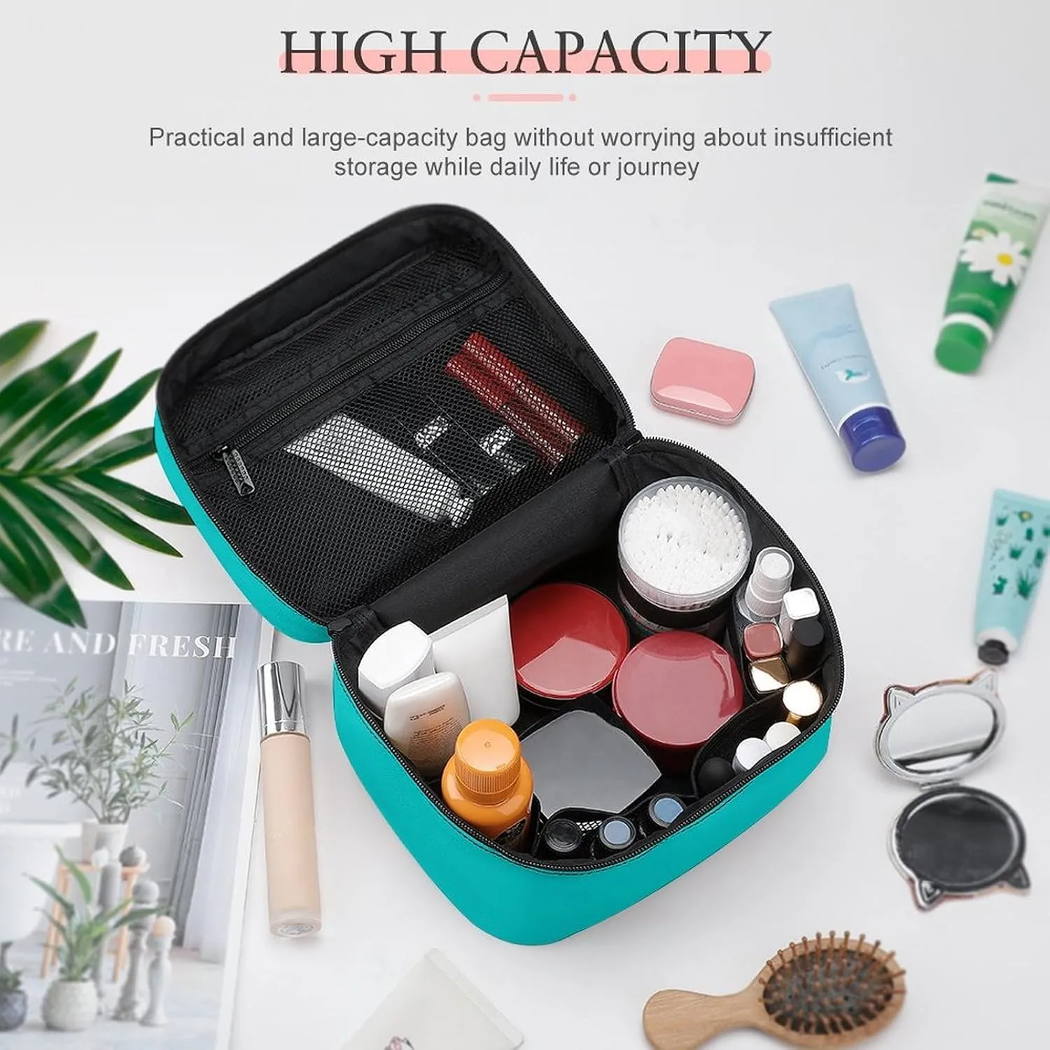 Leather Cosmetic Case, Blue Solid Color Classic Elegant Portable Makeup Bag Organizer Large Capacity Travel Toiletry Bag with Zipper