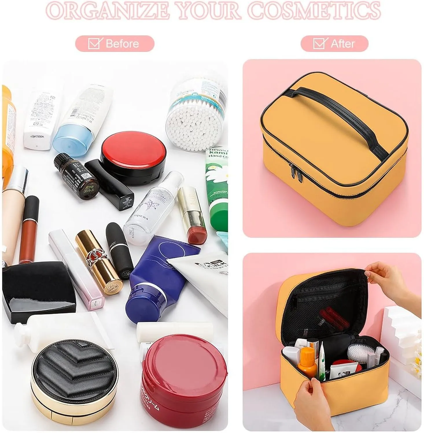 Leather Cosmetic Case, Buttery Yellow Portable Makeup Bag Organizer Large Capacity Travel Toiletry Bag with Zipper